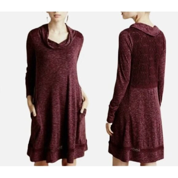 Anthropologie Saturday Sunday Dress Womens Medium Maroon Cowl Neck Crochet Boho - Picture 1 of 7